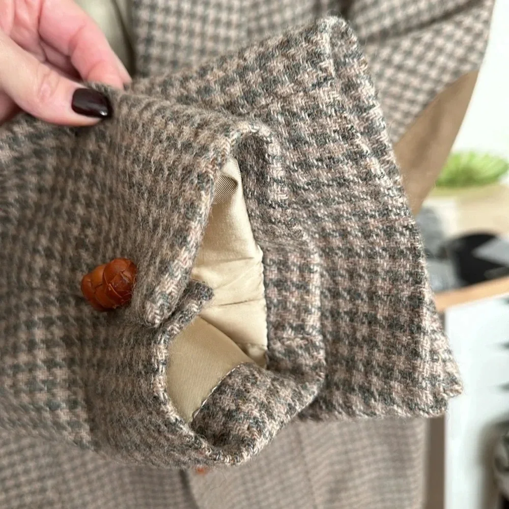 Vintage Wool Tan Houndstooth Sport Coat Blazer Academia‎ Career Elbow Patch 42L
